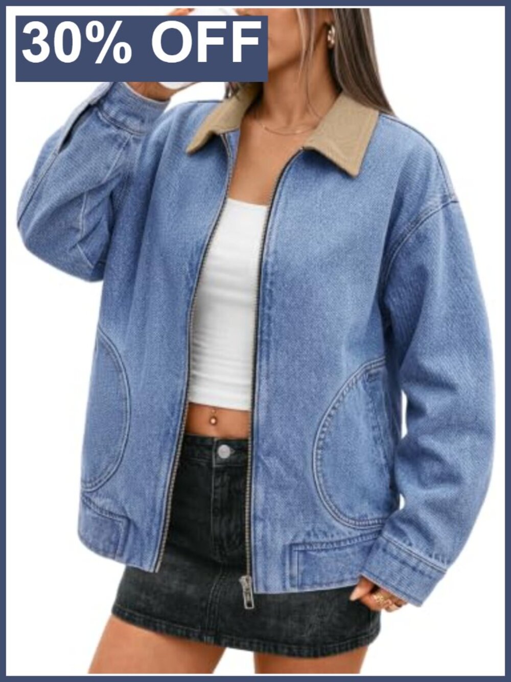 Oversized Cotton Denim Barn Jacket Corduroy Collar Zip Front